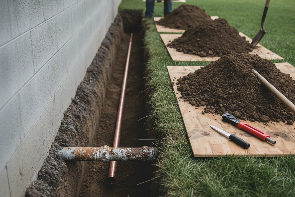 Excavated water line trench during Sewer Line Repair in Bausman
